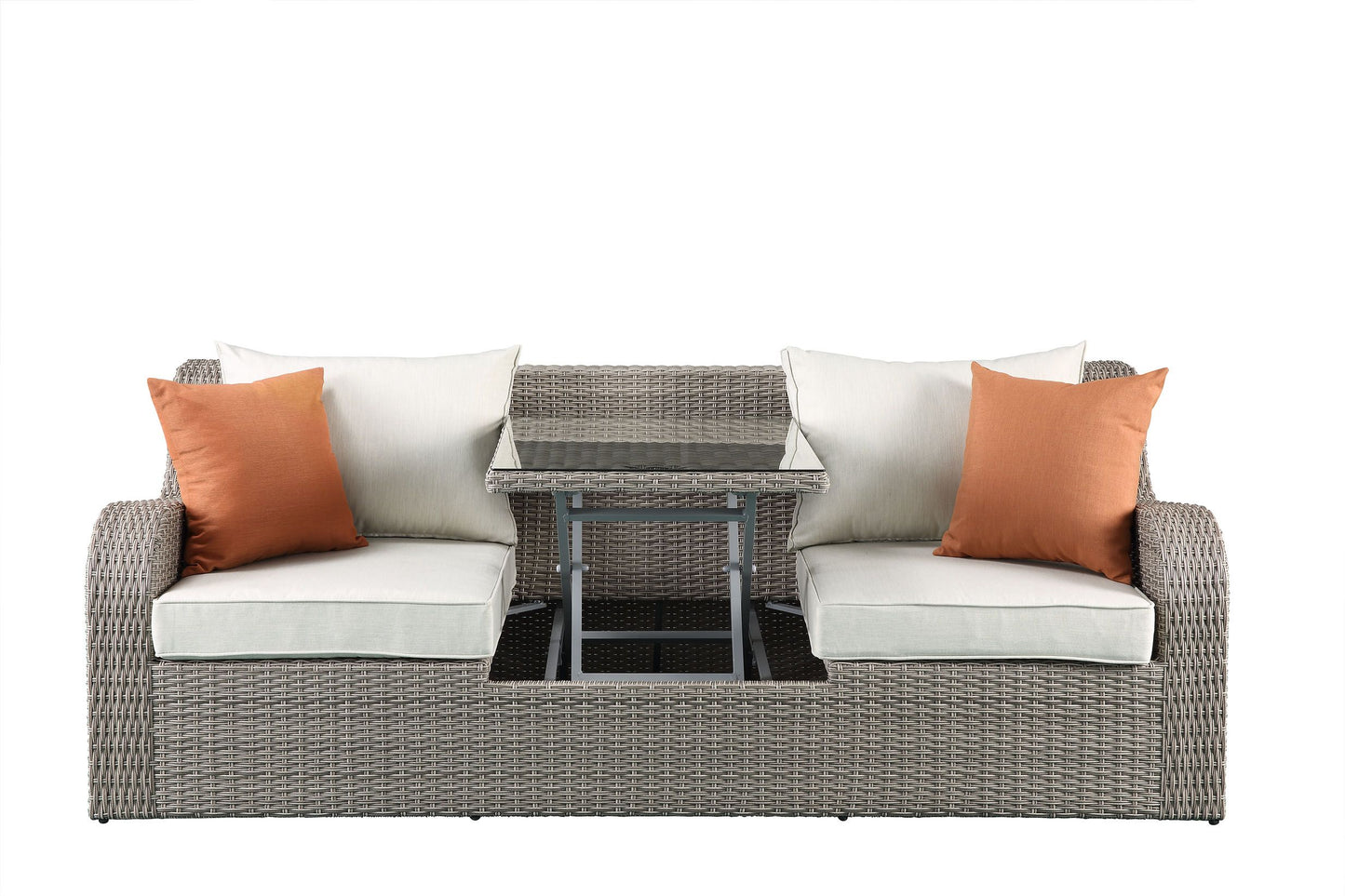 Salena Patio Sectional 2 Ottomans (2 Pillows) in Beige Fabric Gray Wicker 45010