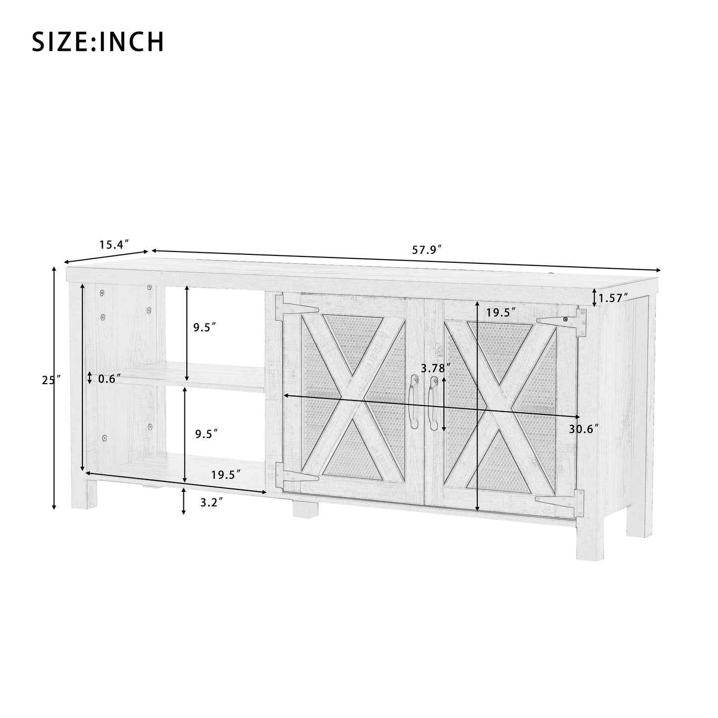 U-style TV Stand with Barn Door, 2 Open Compartments, Cable Management, TV Table for TVs up to 57 Inches