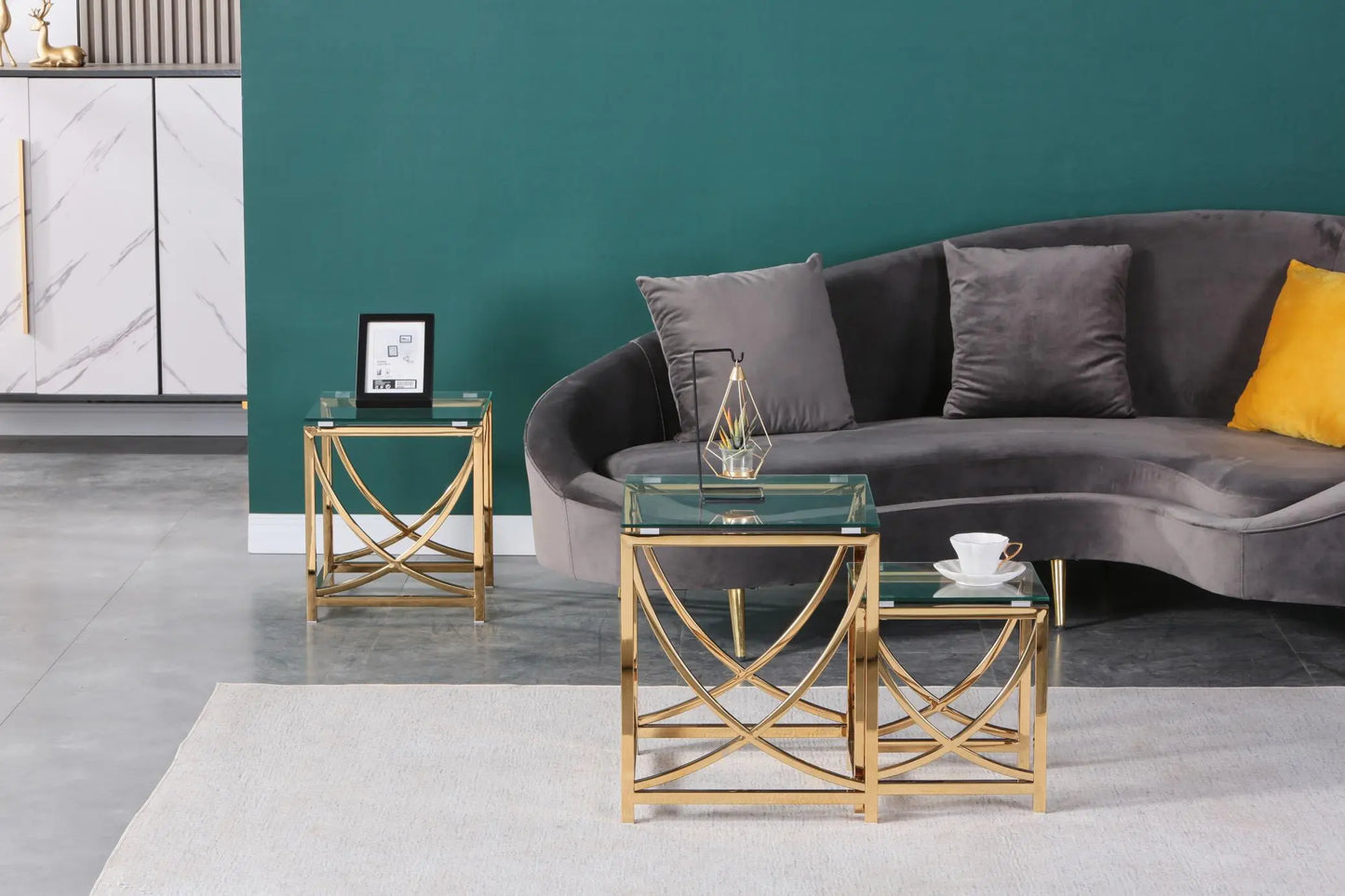 3 Pieces Gold Square Nesting Glass End Tables- Small Coffee Table Set- Stainless Steel Small Coffee Tables with Clear Tempered Glass - Image #4
