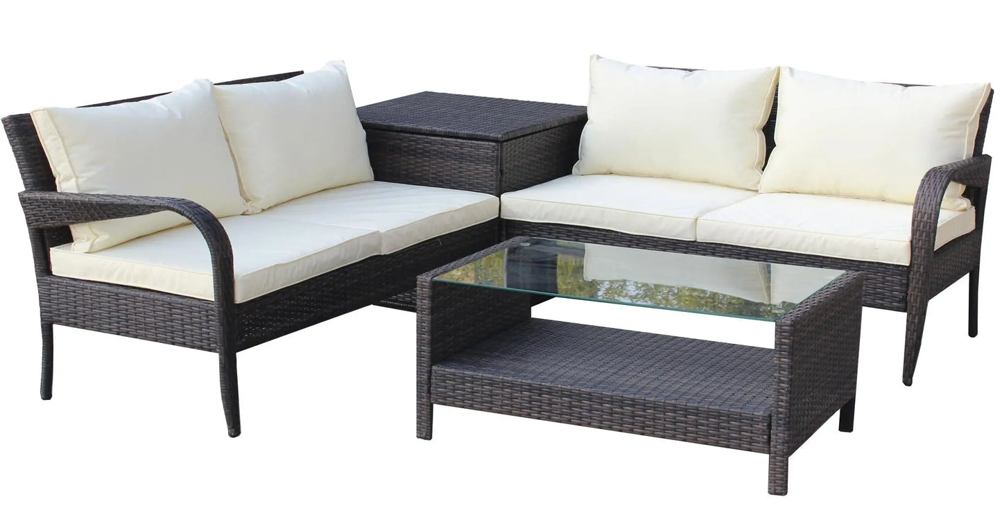 4 Piece Patio Sectional Wicker Rattan Outdoor Furniture Sofa Set with Storage Box Brown - Image #6