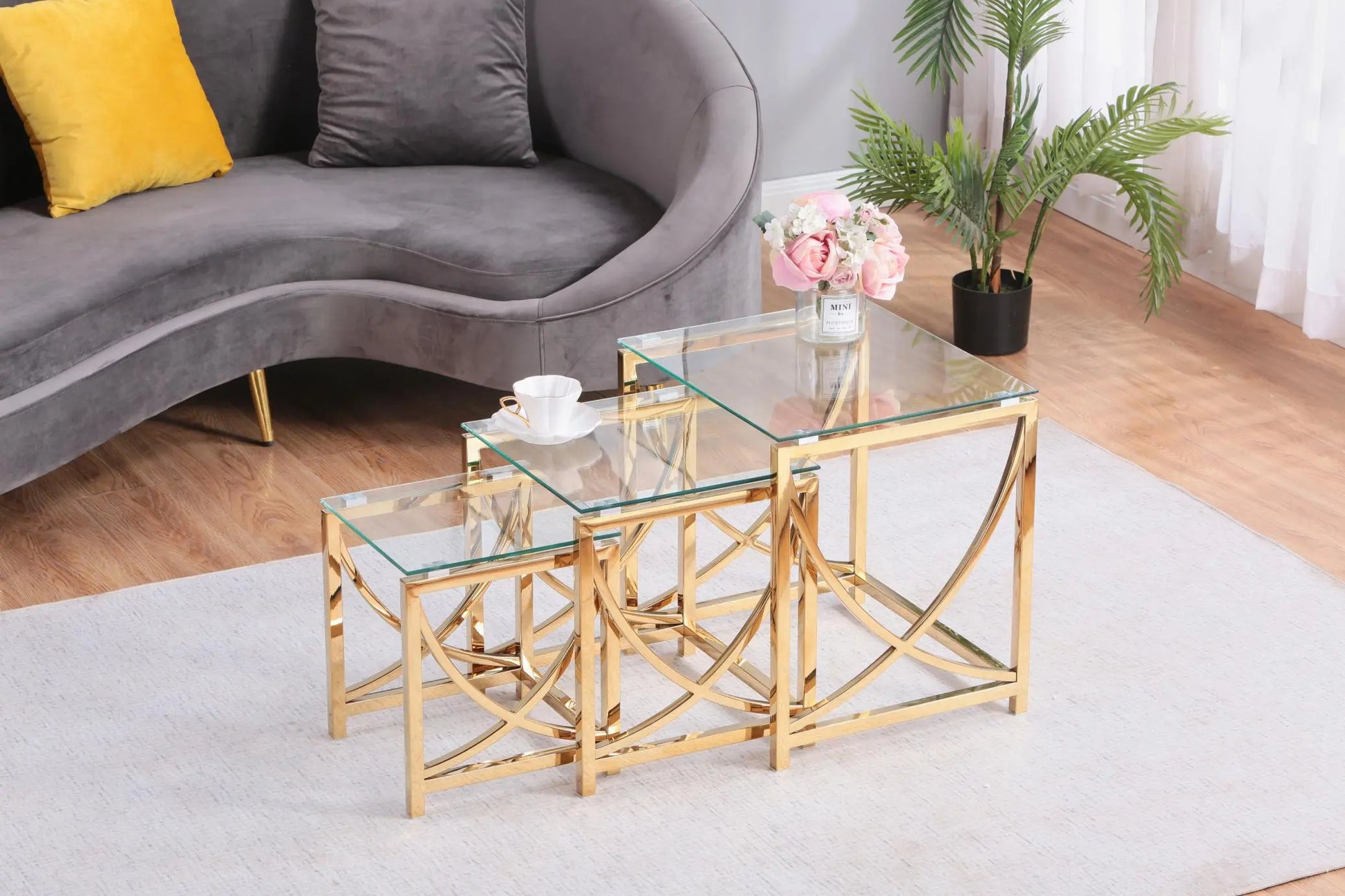3 Pieces Gold Square Nesting Glass End Tables- Small Coffee Table Set- Stainless Steel Small Coffee Tables with Clear Tempered Glass - Image #2
