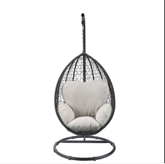 Simona Patio Swing Chair with Stand in Beige Fabric & Black Wicker 45030