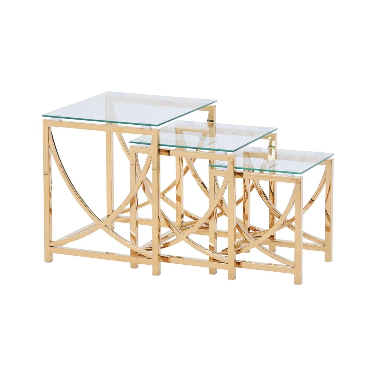 3 Pieces Gold Square Nesting Glass End Tables- Small Coffee Table Set- Stainless Steel Small Coffee Tables with Clear Tempered Glass - Image #1