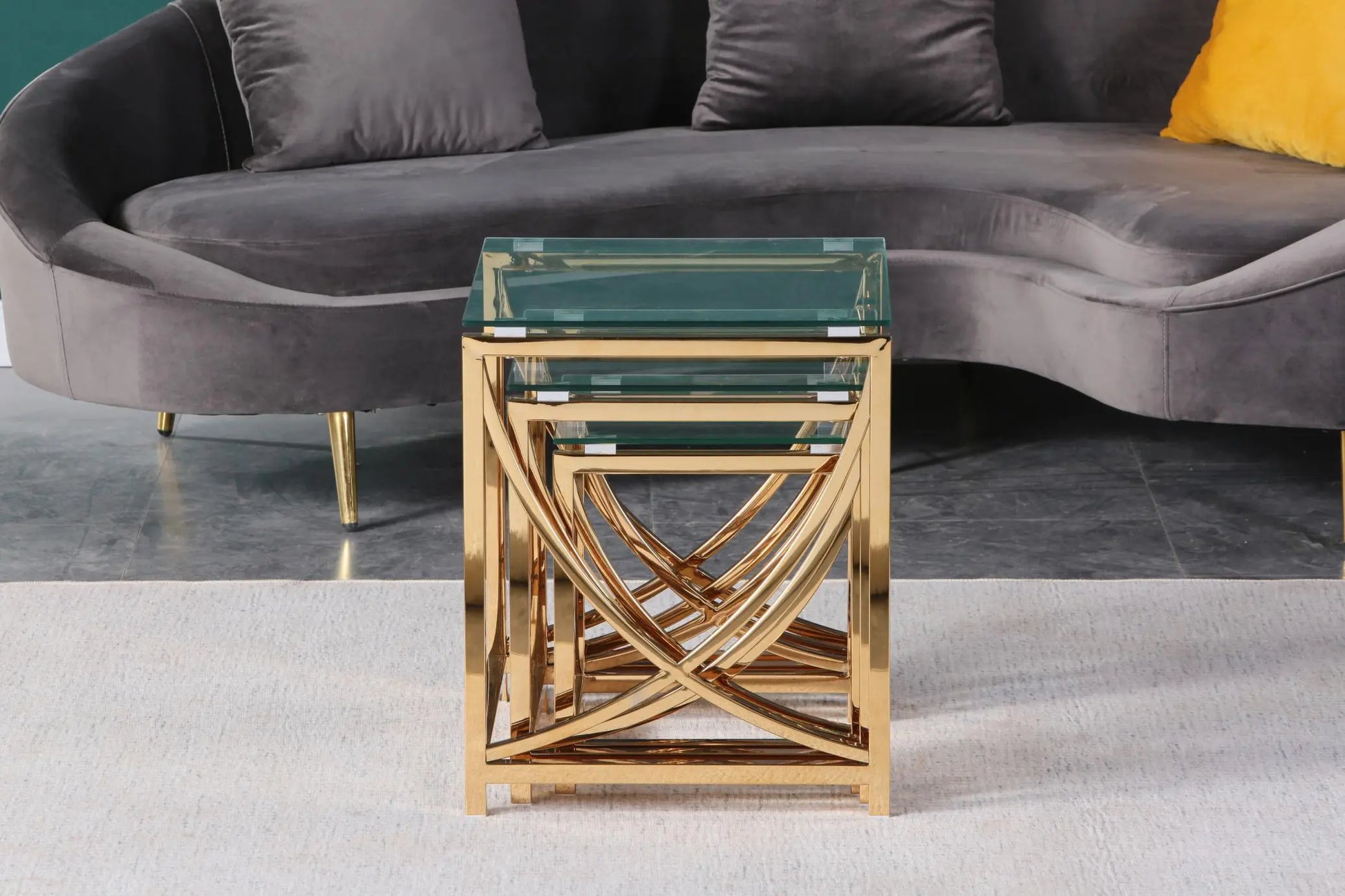 3 Pieces Gold Square Nesting Glass End Tables- Small Coffee Table Set- Stainless Steel Small Coffee Tables with Clear Tempered Glass - Image #11