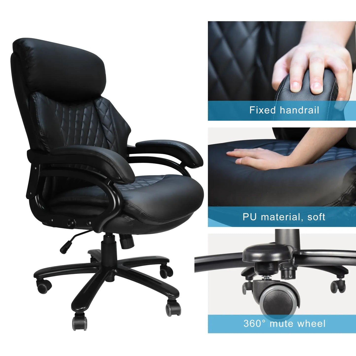 Office Desk Chair with High Quality PU Leather, Adjustable Height/Tilt, 360-Degree Swivel, 400LBS , Black - Image #7
