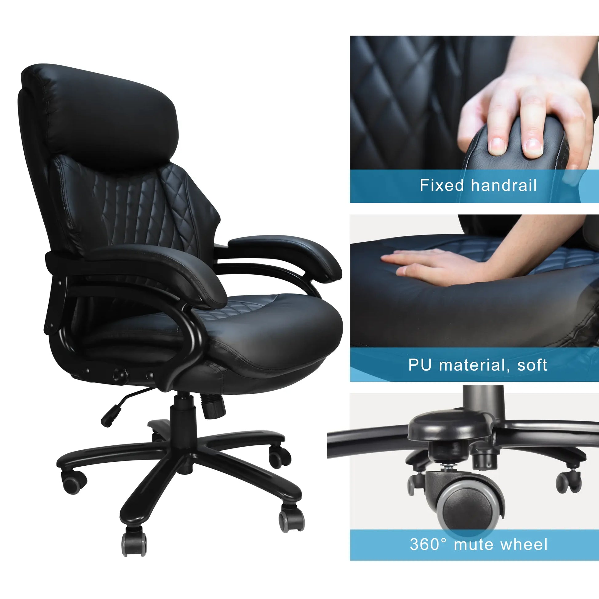 Office Desk Chair with High Quality PU Leather, Adjustable Height/Tilt, 360-Degree Swivel, 400LBS , Black - Image #7