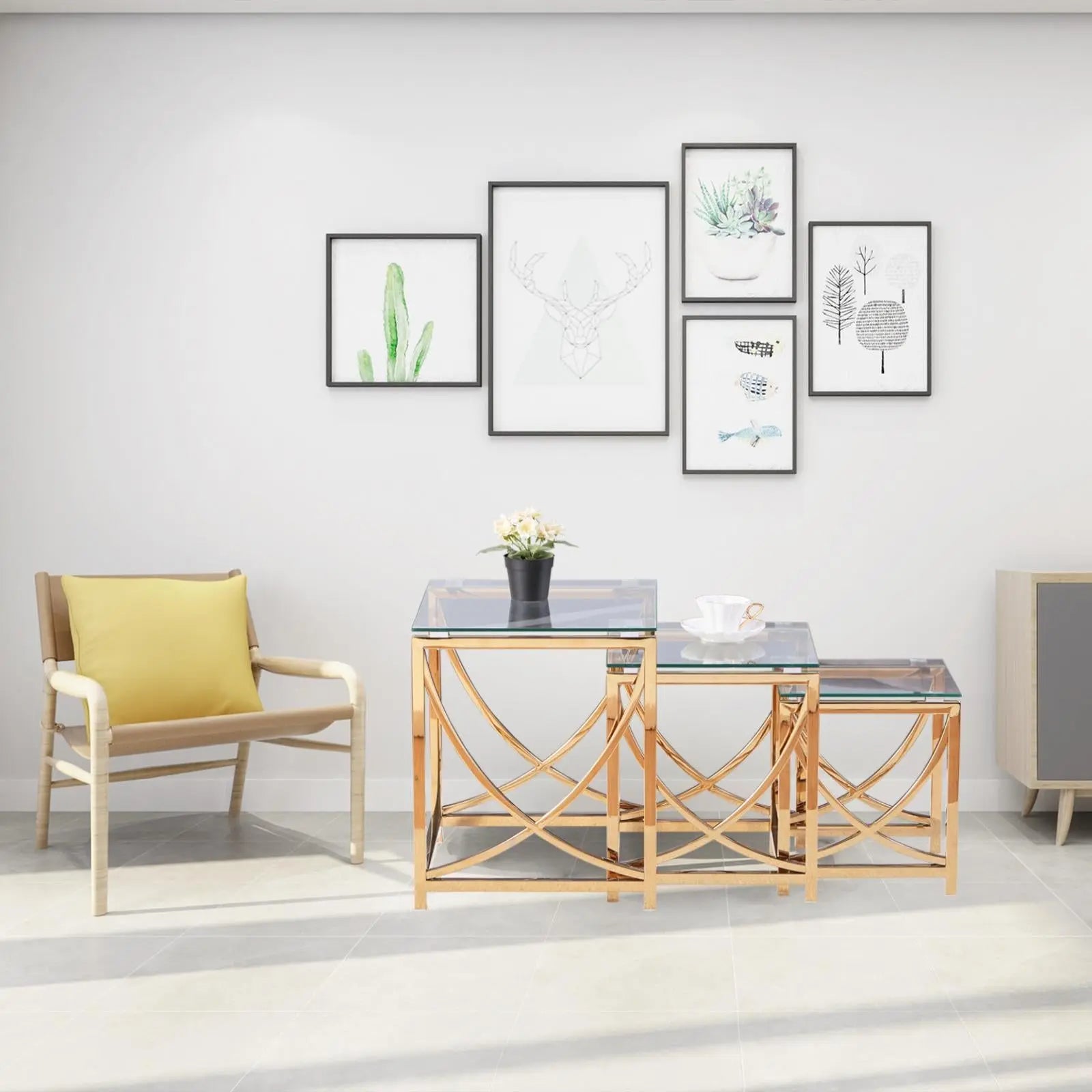 3 Pieces Gold Square Nesting Glass End Tables- Small Coffee Table Set- Stainless Steel Small Coffee Tables with Clear Tempered Glass - Image #19