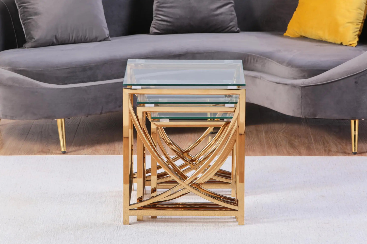 3 Pieces Gold Square Nesting Glass End Tables- Small Coffee Table Set- Stainless Steel Small Coffee Tables with Clear Tempered Glass - Image #10