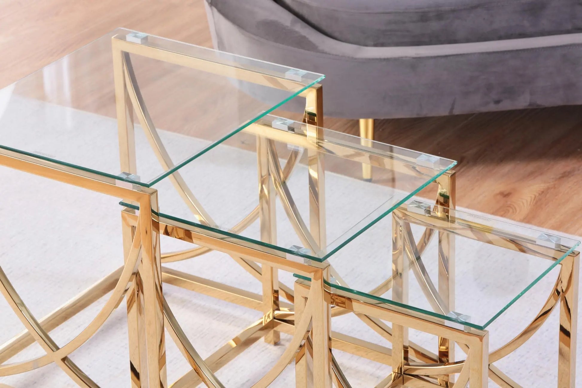 3 Pieces Gold Square Nesting Glass End Tables- Small Coffee Table Set- Stainless Steel Small Coffee Tables with Clear Tempered Glass - Image #5