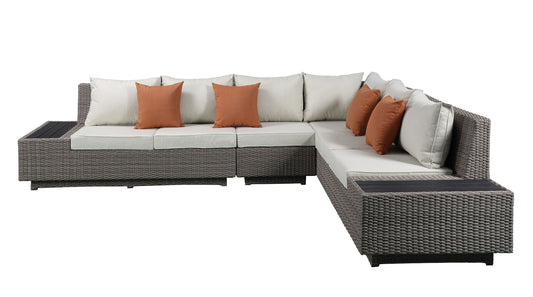 Salena Patio Sectional & Cocktail Table in Beige Fabric & Gray Wicker 45020