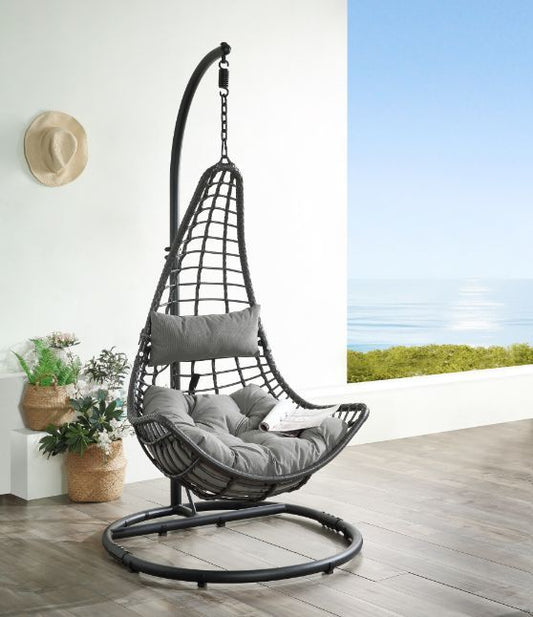 Uzae Patio Hanging Chair with Stand, Gray Fabric & Charcaol Wicker 45105