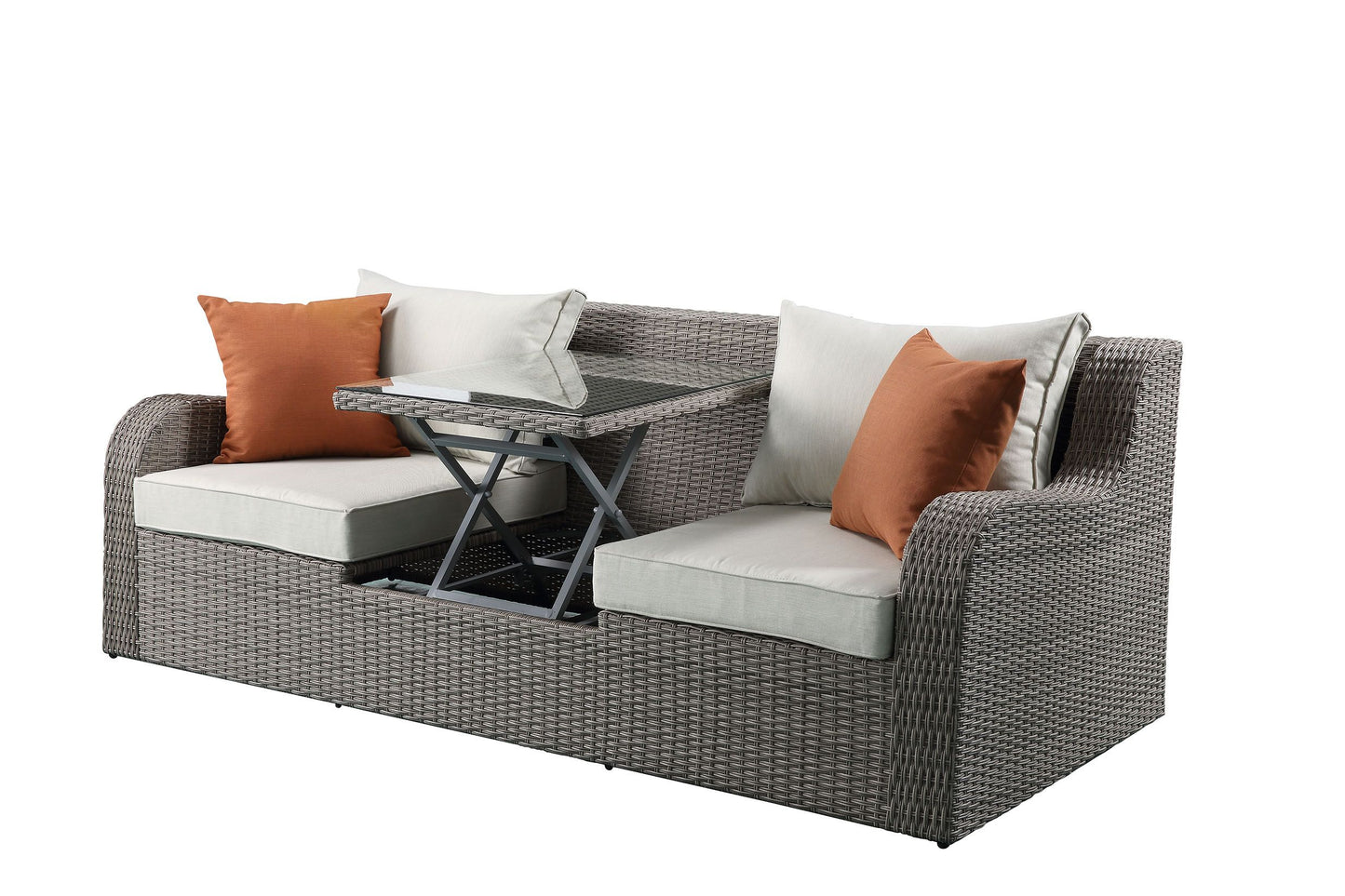 Salena Patio Sectional  2 Ottomans (2 Pillows) in Beige Fabric  Gray Wicker 45010