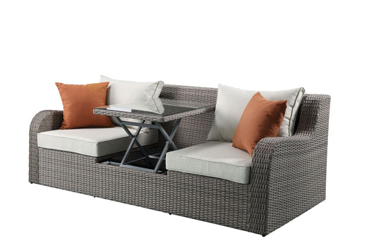 Salena Patio Sectional  2 Ottomans (2 Pillows) in Beige Fabric  Gray Wicker 45010