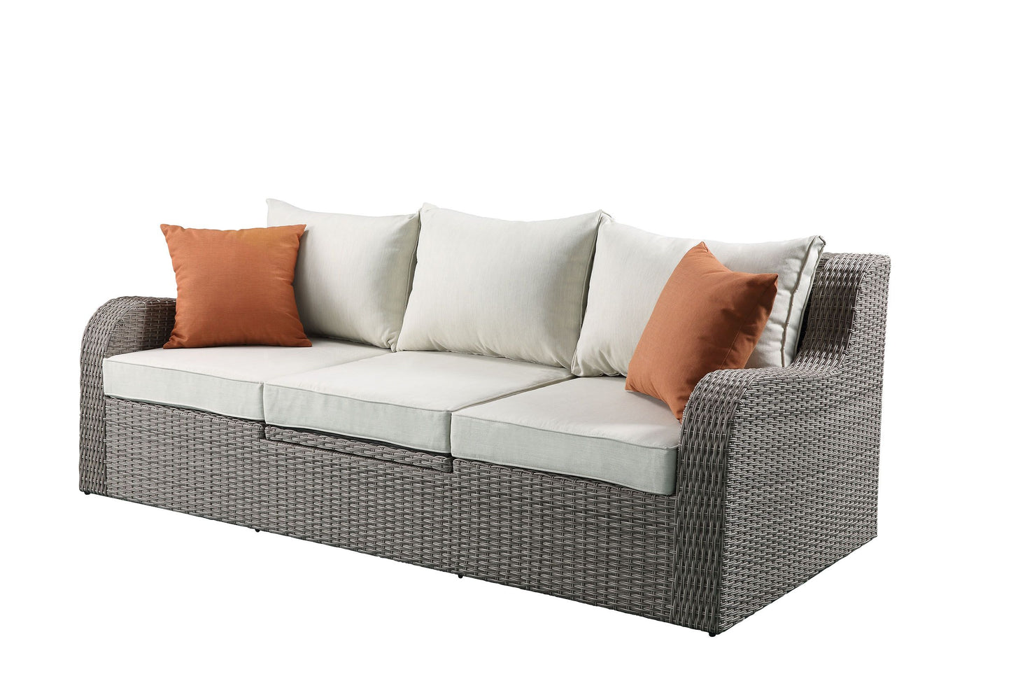 Salena Patio Sectional  2 Ottomans (2 Pillows) in Beige Fabric  Gray Wicker 45010