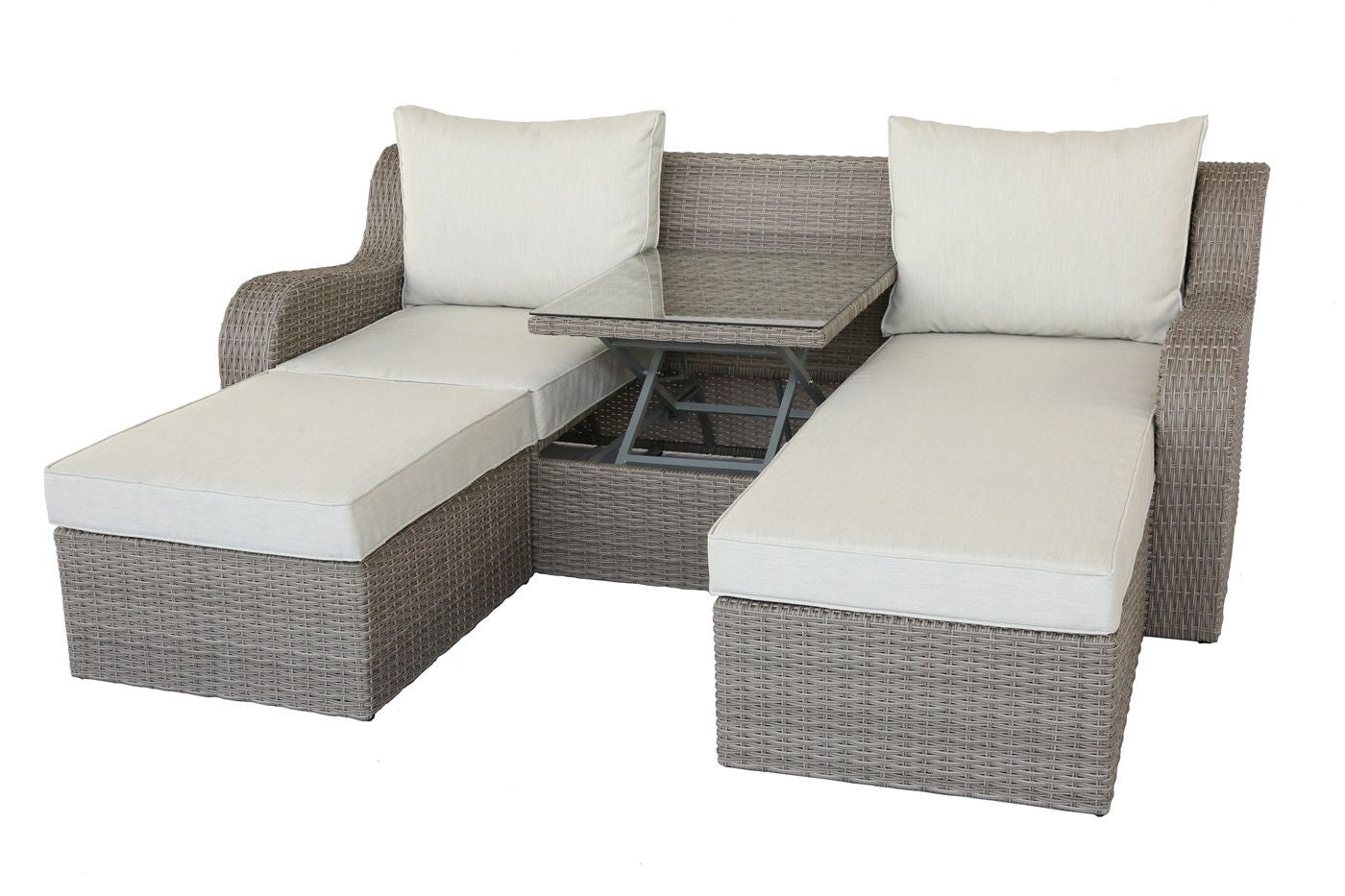 Salena Patio Sectional  2 Ottomans (2 Pillows) in Beige Fabric  Gray Wicker 45010