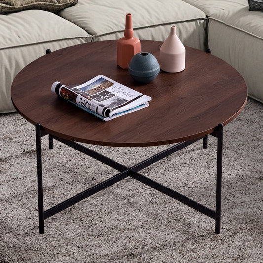 Modern Round coffee table,Black metal frame with walnut top-36&