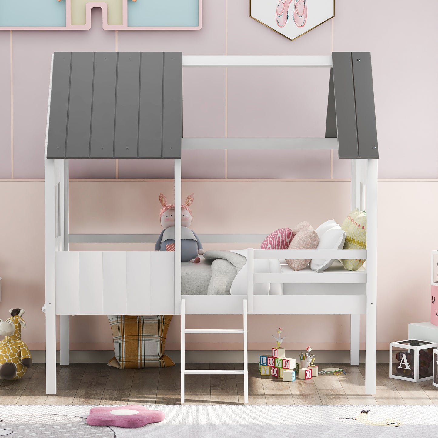 Twin Size Low Loft Wood House Bed with Two Side Windows, for Kids, Teens, Girls, Boys, (Normal Gray+Normal White)