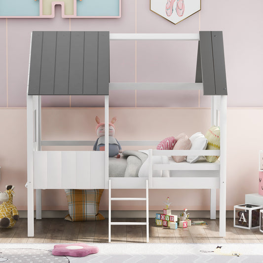 Twin Size Low Loft Wood House Bed with Two Side Windows, for Kids, Teens, Girls, Boys, (Normal Gray+Normal White)