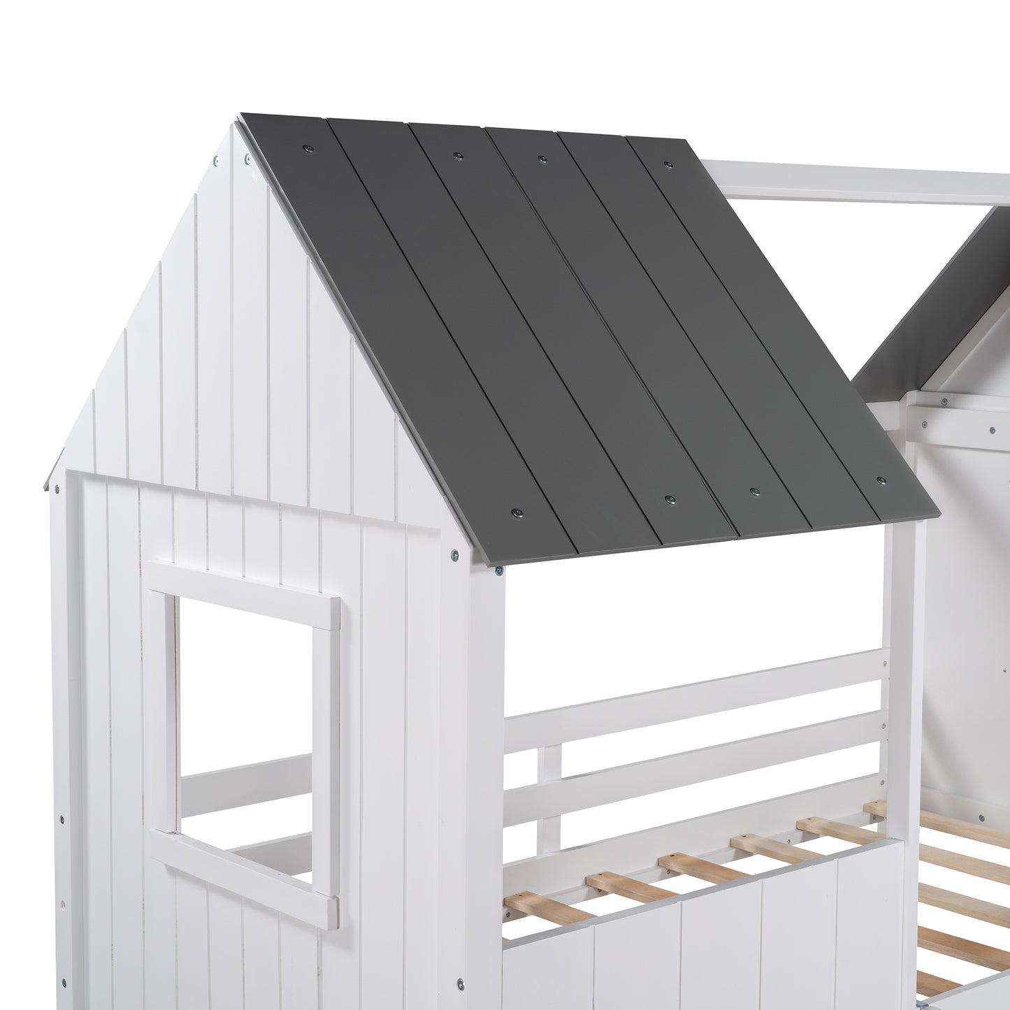 Twin Size Low Loft Wood House Bed with Two Side Windows, for Kids, Teens, Girls, Boys, (Normal Gray+Normal White)