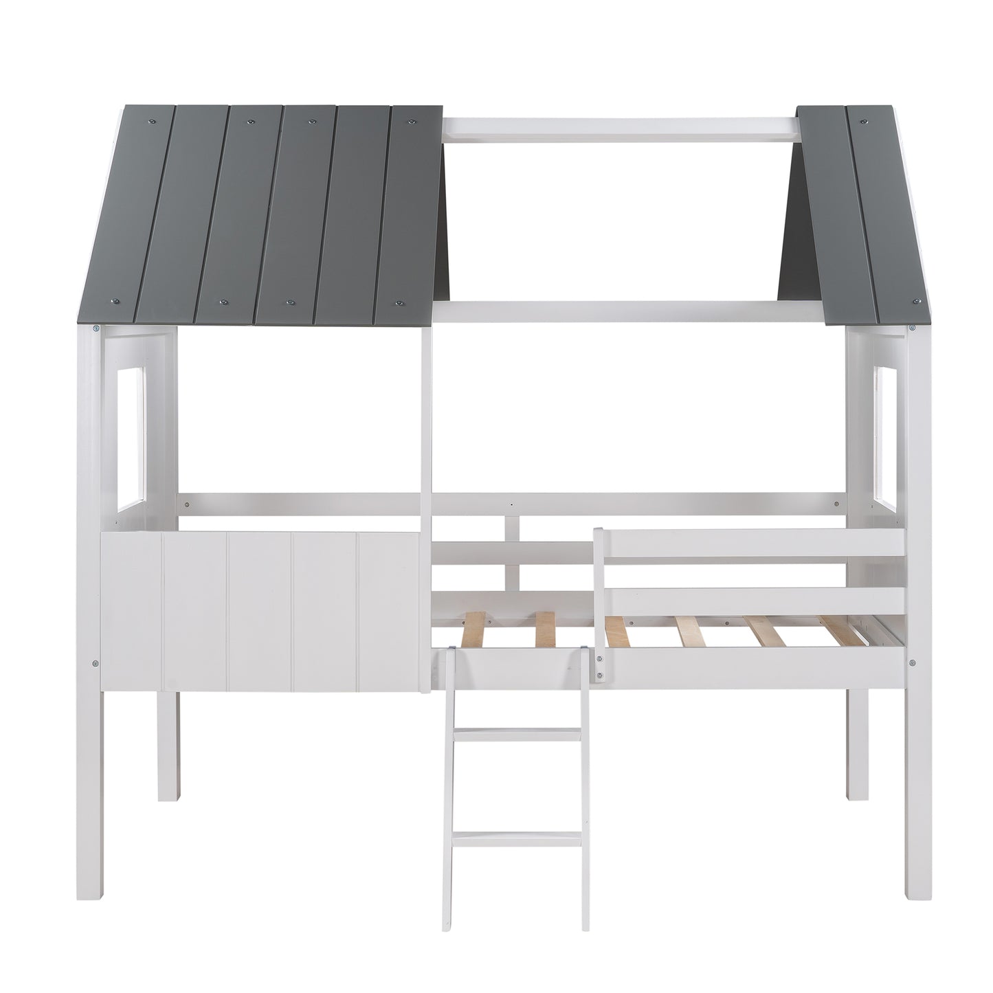 Twin Size Low Loft Wood House Bed with Two Side Windows, for Kids, Teens, Girls, Boys, (Normal Gray+Normal White)