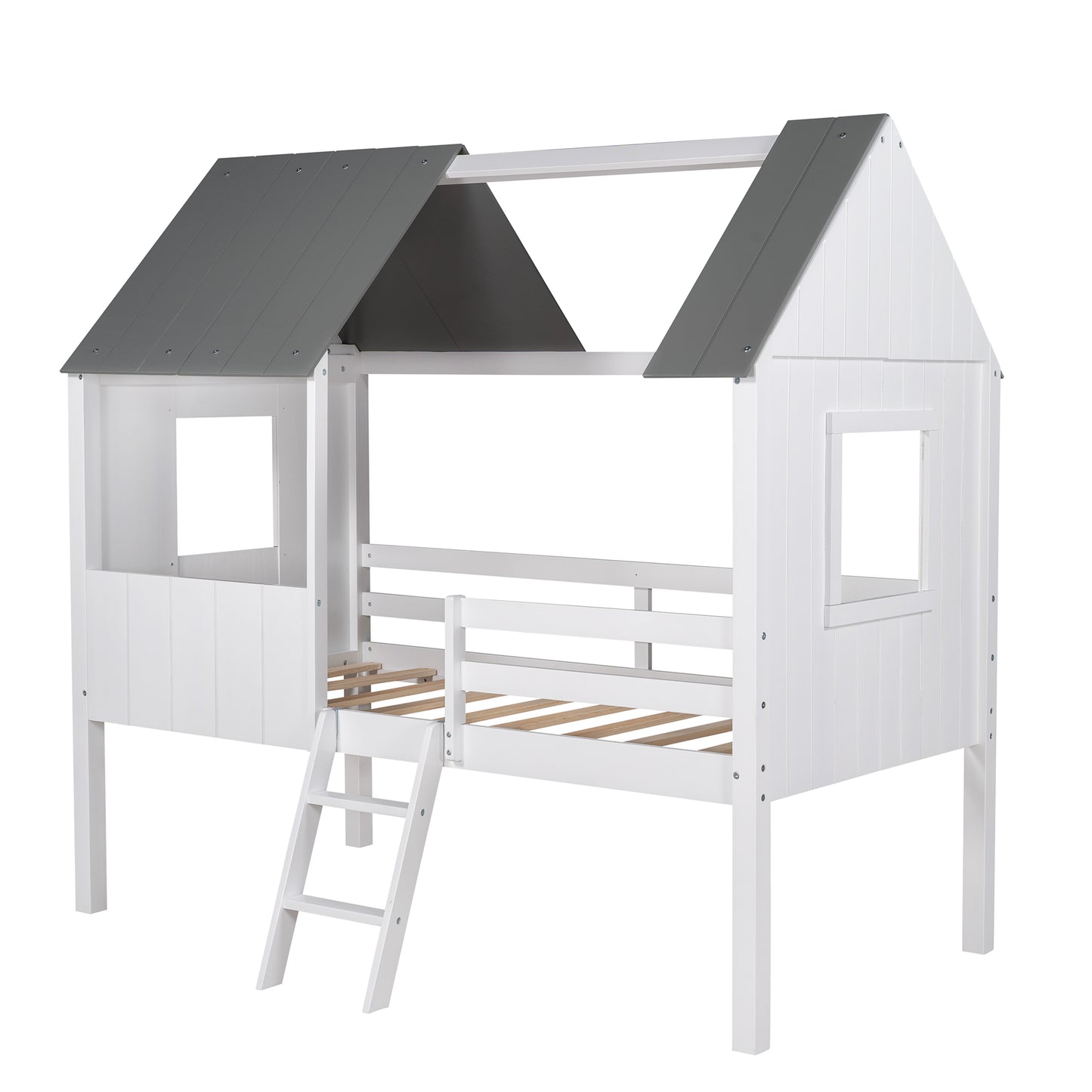 Twin Size Low Loft Wood House Bed with Two Side Windows, for Kids, Teens, Girls, Boys, (Normal Gray+Normal White)
