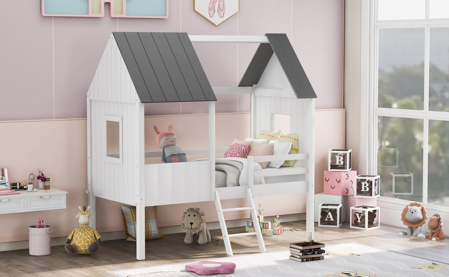 Twin Size Low Loft Wood House Bed with Two Side Windows, for Kids, Teens, Girls, Boys, (Normal Gray+Normal White)