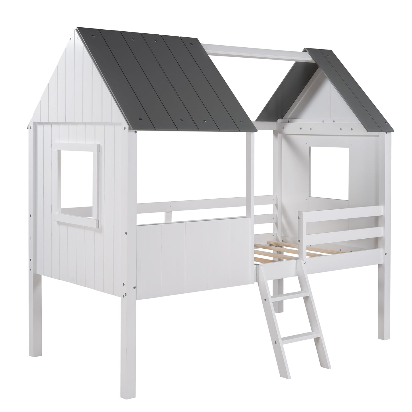 Twin Size Low Loft Wood House Bed with Two Side Windows, for Kids, Teens, Girls, Boys, (Normal Gray+Normal White)
