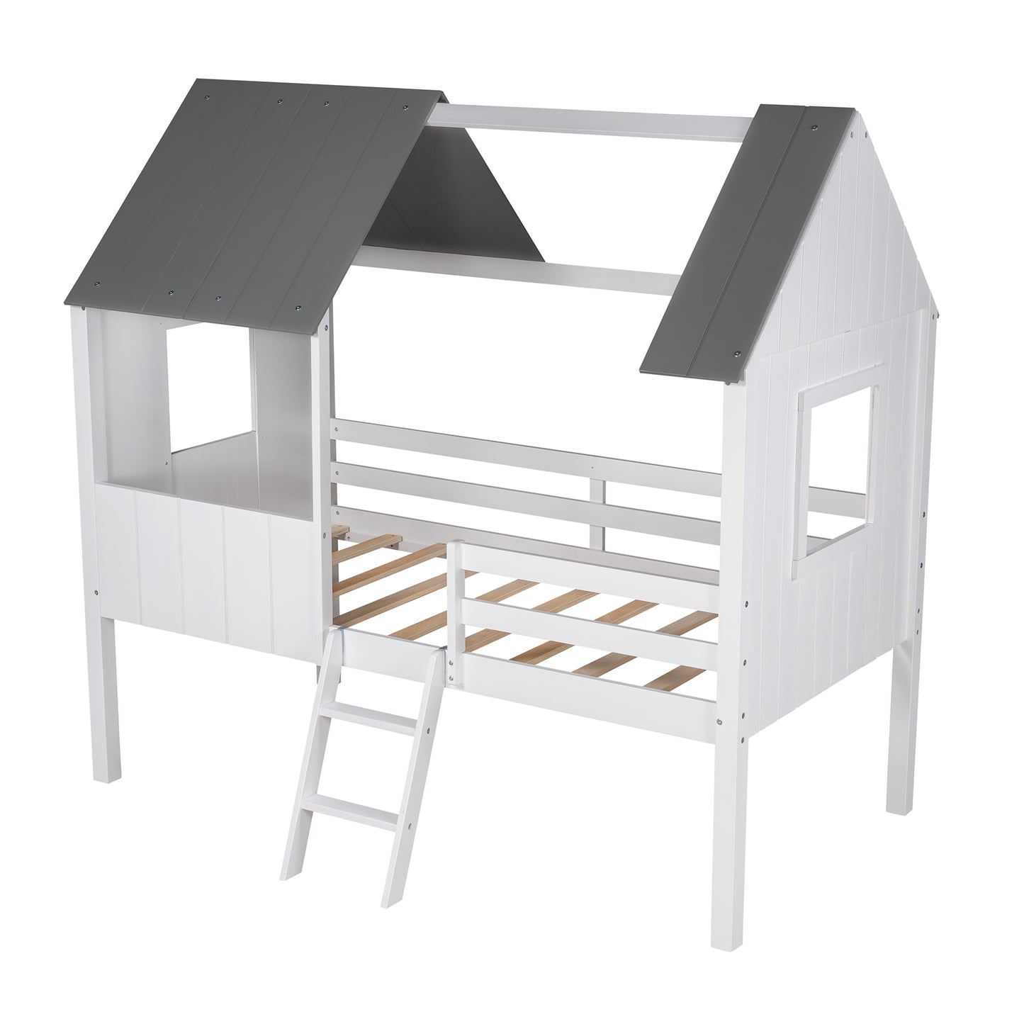 Twin Size Low Loft Wood House Bed with Two Side Windows, for Kids, Teens, Girls, Boys, (Normal Gray+Normal White)