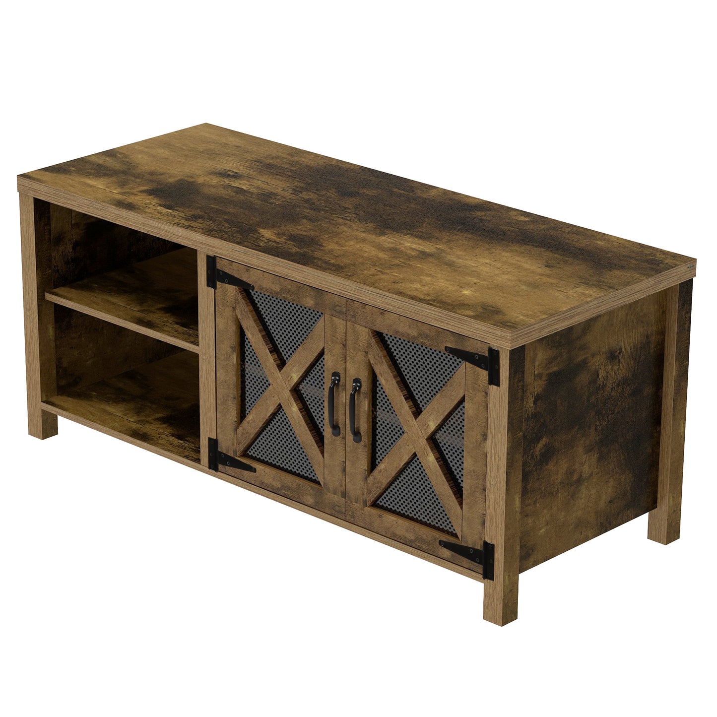 U-style TV Stand with Barn Door, 2 Open Compartments, Cable Management, TV Table for TVs up to 57 Inches