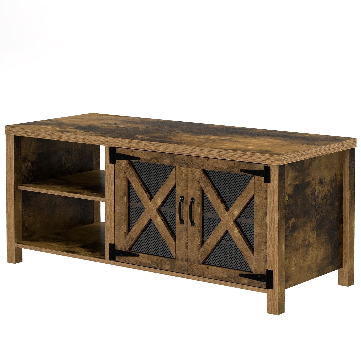 U-style TV Stand with Barn Door, 2 Open Compartments, Cable Management, TV Table for TVs up to 57 Inches