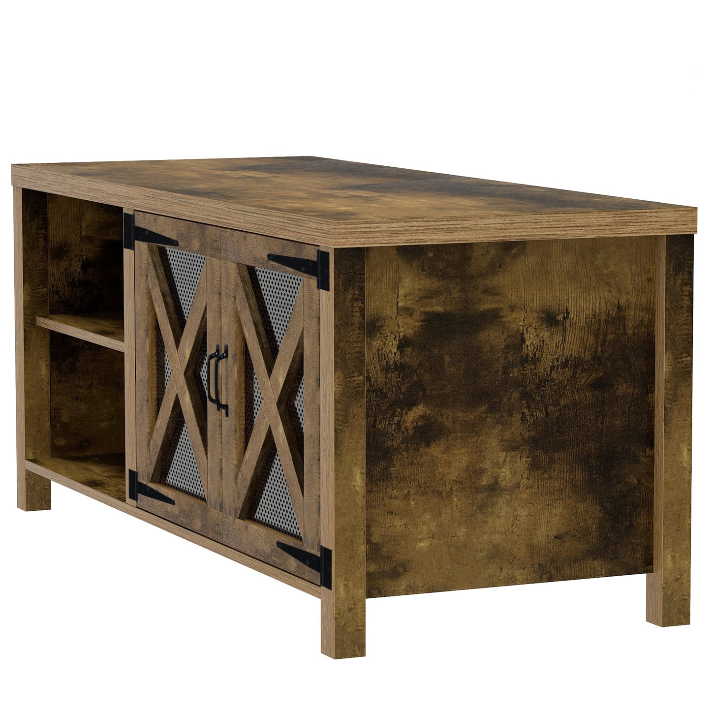 U-style TV Stand with Barn Door, 2 Open Compartments, Cable Management, TV Table for TVs up to 57 Inches