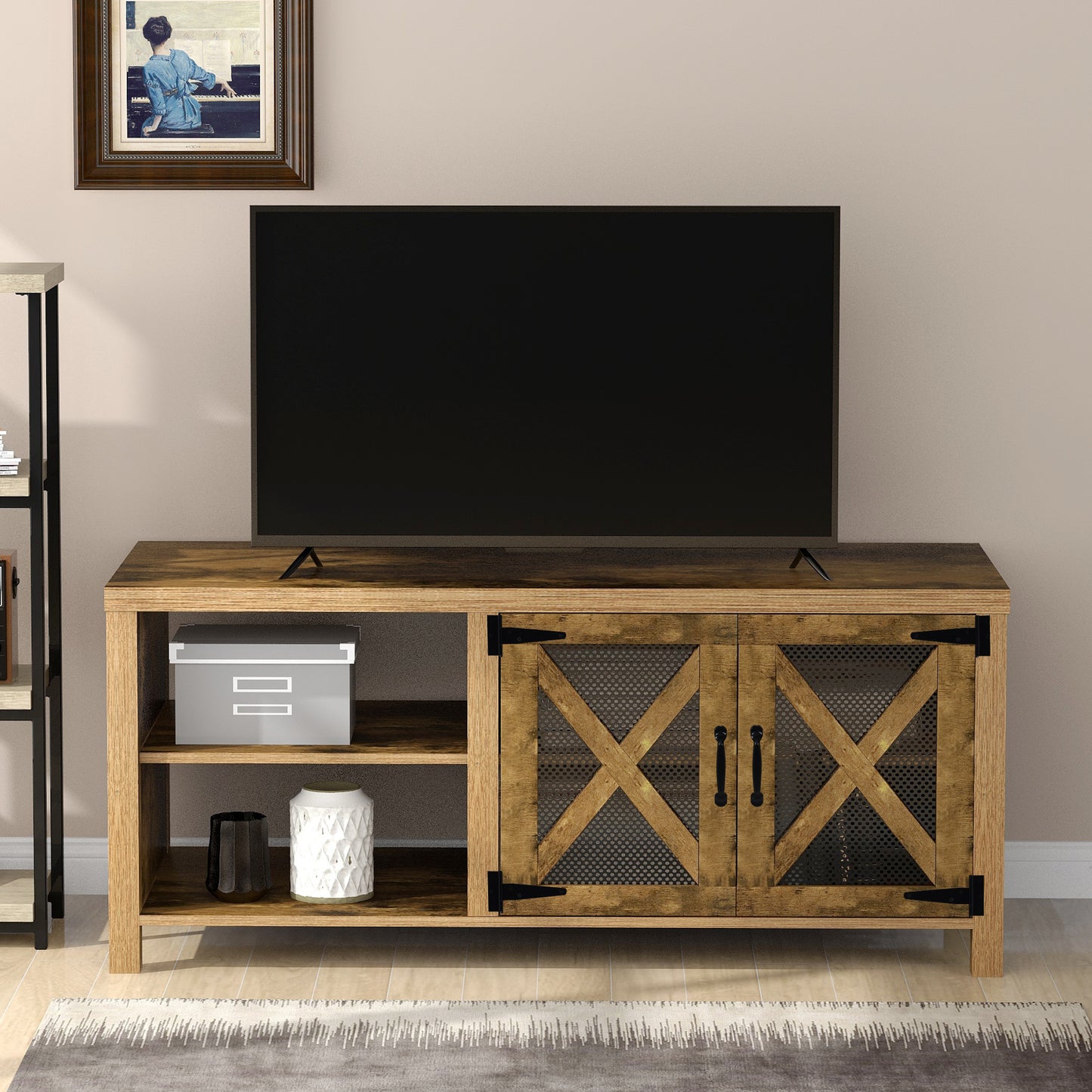 U-style TV Stand with Barn Door, 2 Open Compartments, Cable Management, TV Table for TVs up to 57 Inches