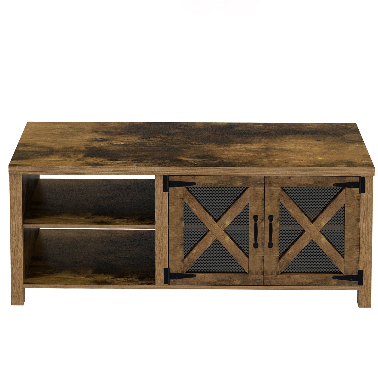 U-style TV Stand with Barn Door, 2 Open Compartments, Cable Management, TV Table for TVs up to 57 Inches