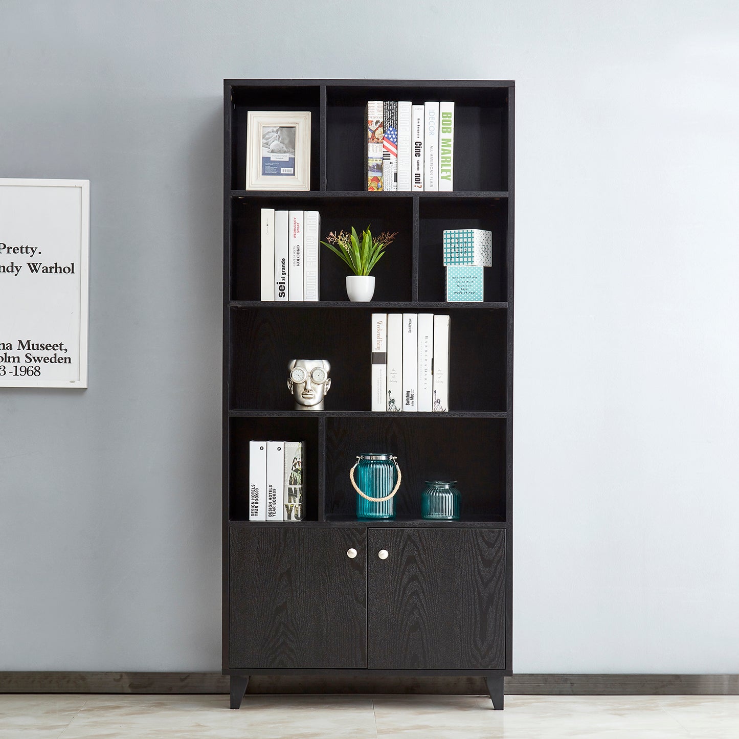 68& Bookcase with 2 Doors, Bookshelf,  Black