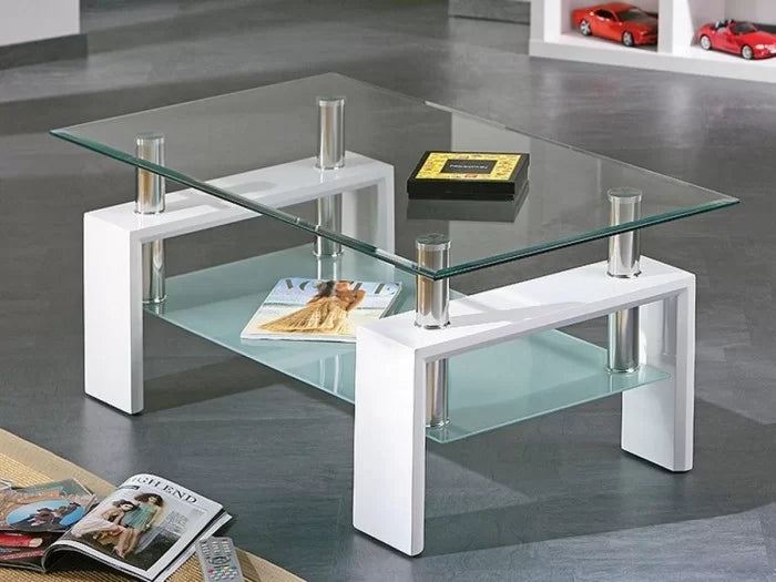 Bulk Order，Rectangular Glass Coffee Table White Modern Side Coffee Table with Metal Legs