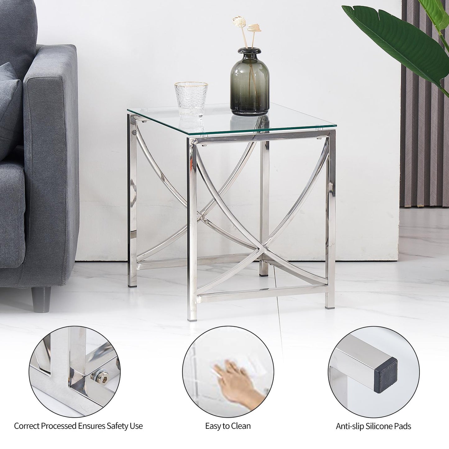 Stainless Steel Cube End Table Silver Glass Table for Living Room