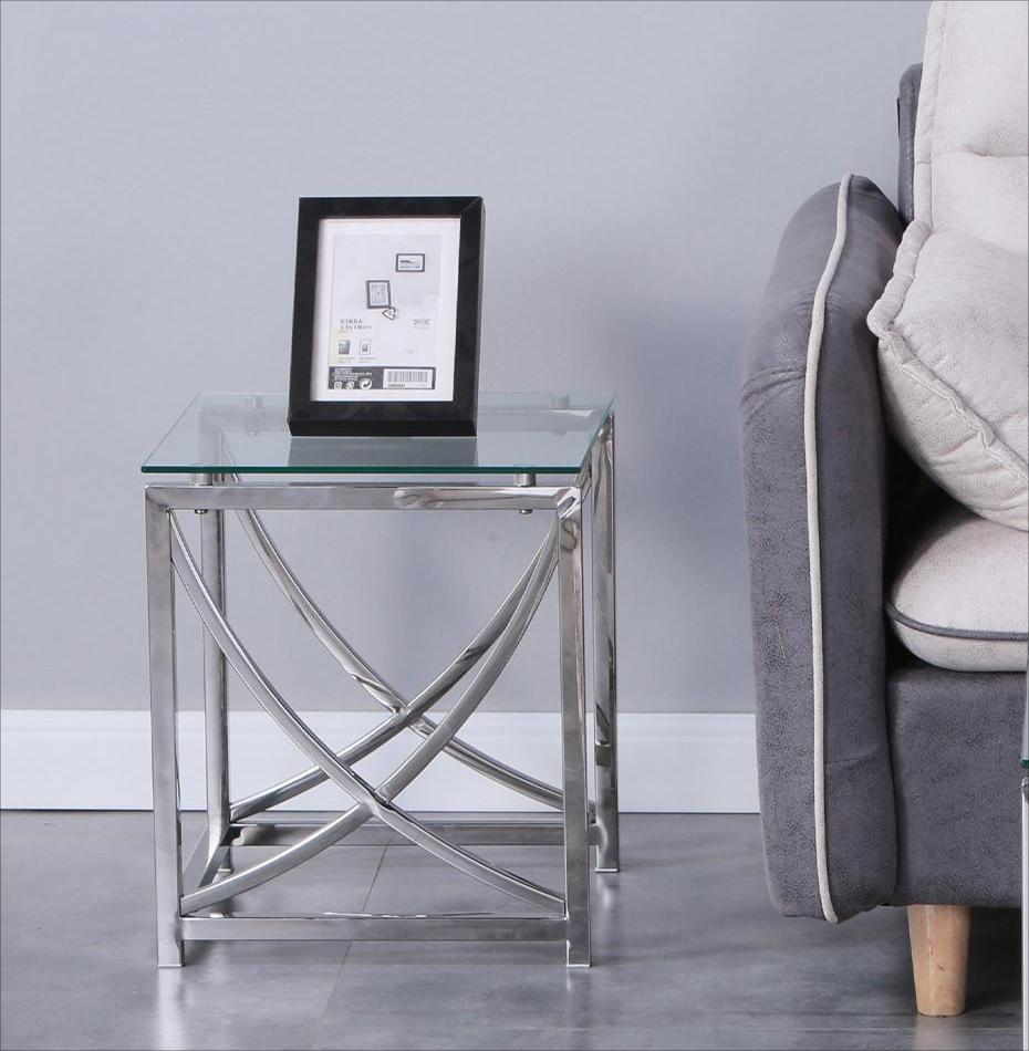 Stainless Steel Cube End Table Silver Glass Table for Living Room