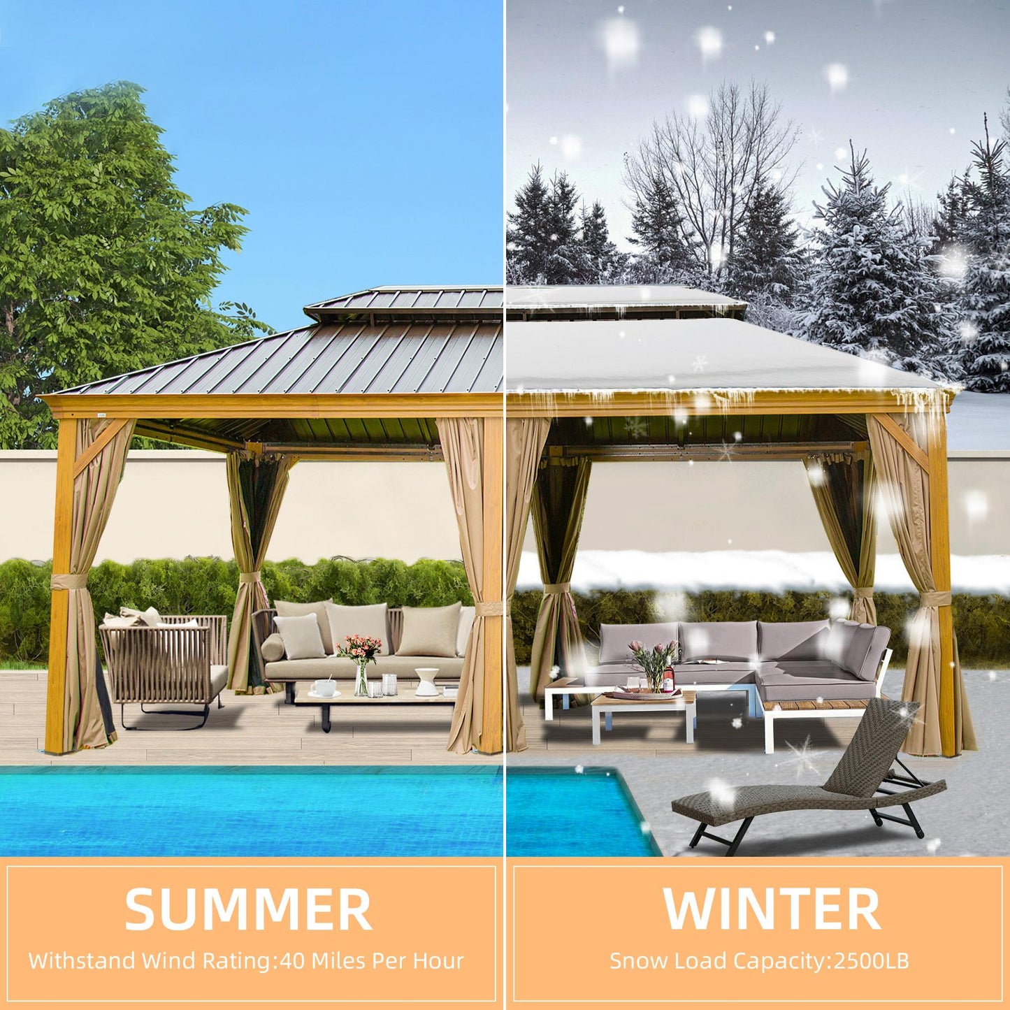 Domi Hardtop Gazebo Outdoor Aluminum Roof Canopy With Mosquito Netting and Curtains