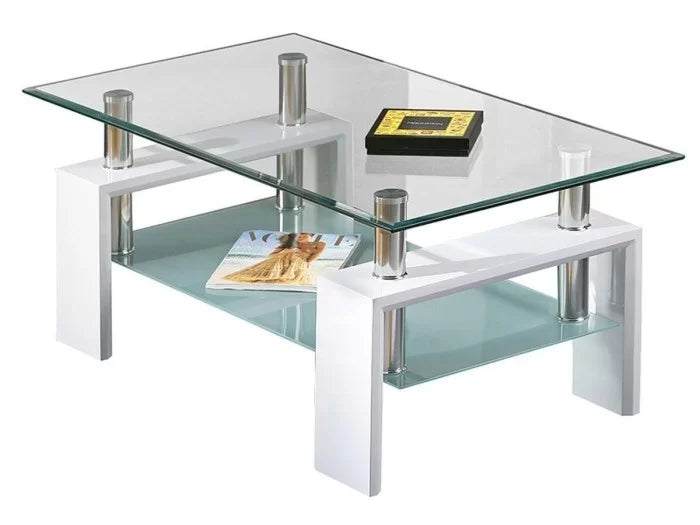 Bulk Order，Rectangular Glass Coffee Table White Modern Side Coffee Table with Metal Legs