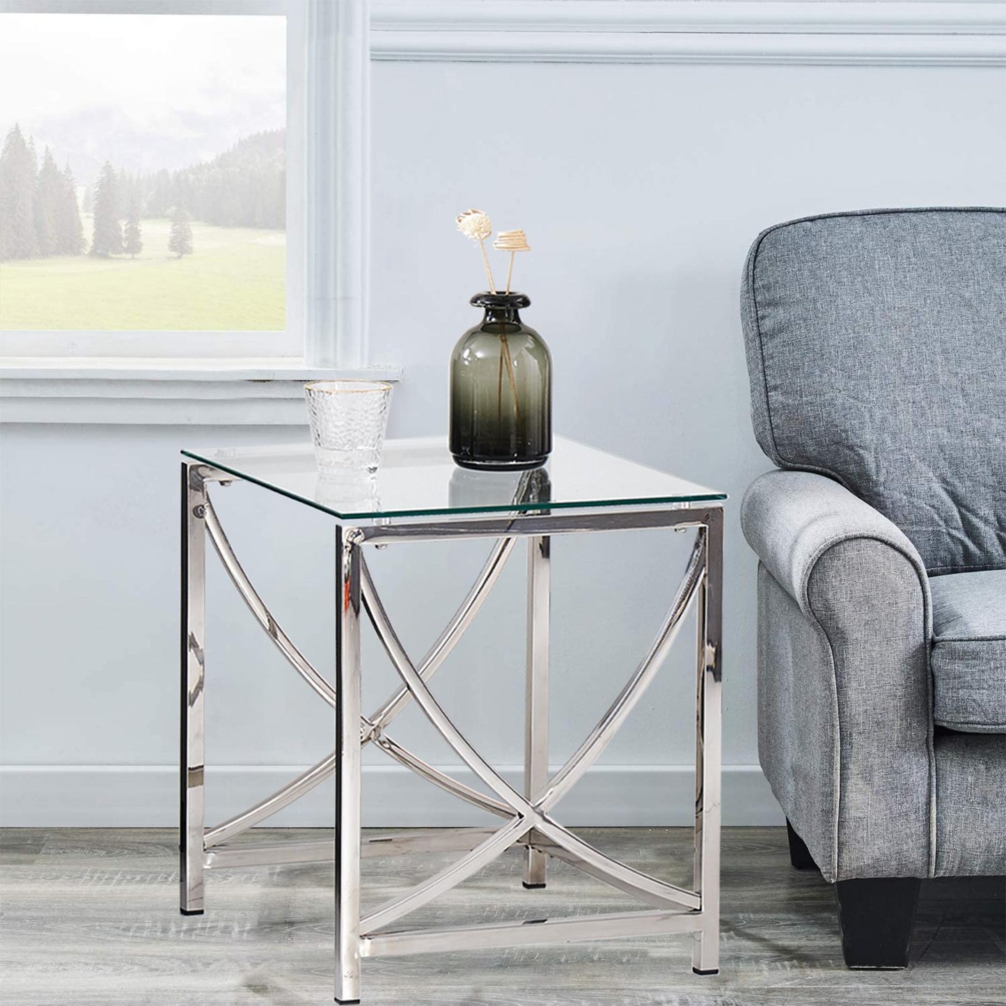 Stainless Steel Cube End Table Silver Glass Table for Living Room