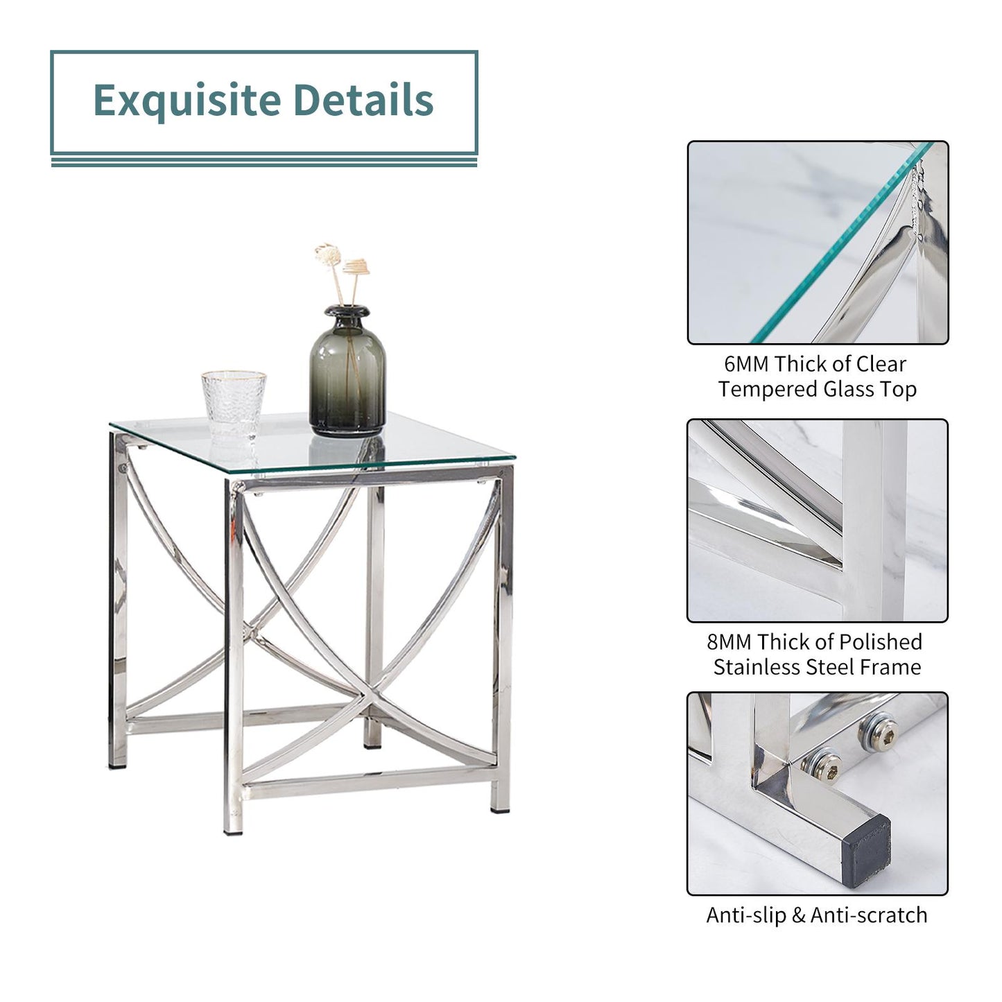 Stainless Steel Cube End Table Silver Glass Table for Living Room