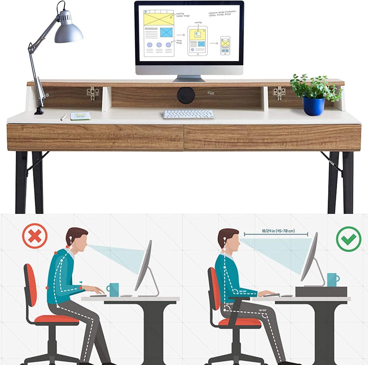 47" Computer Desk White Wood Small Writing Table with Monitor,  Drawers & Storage  Study