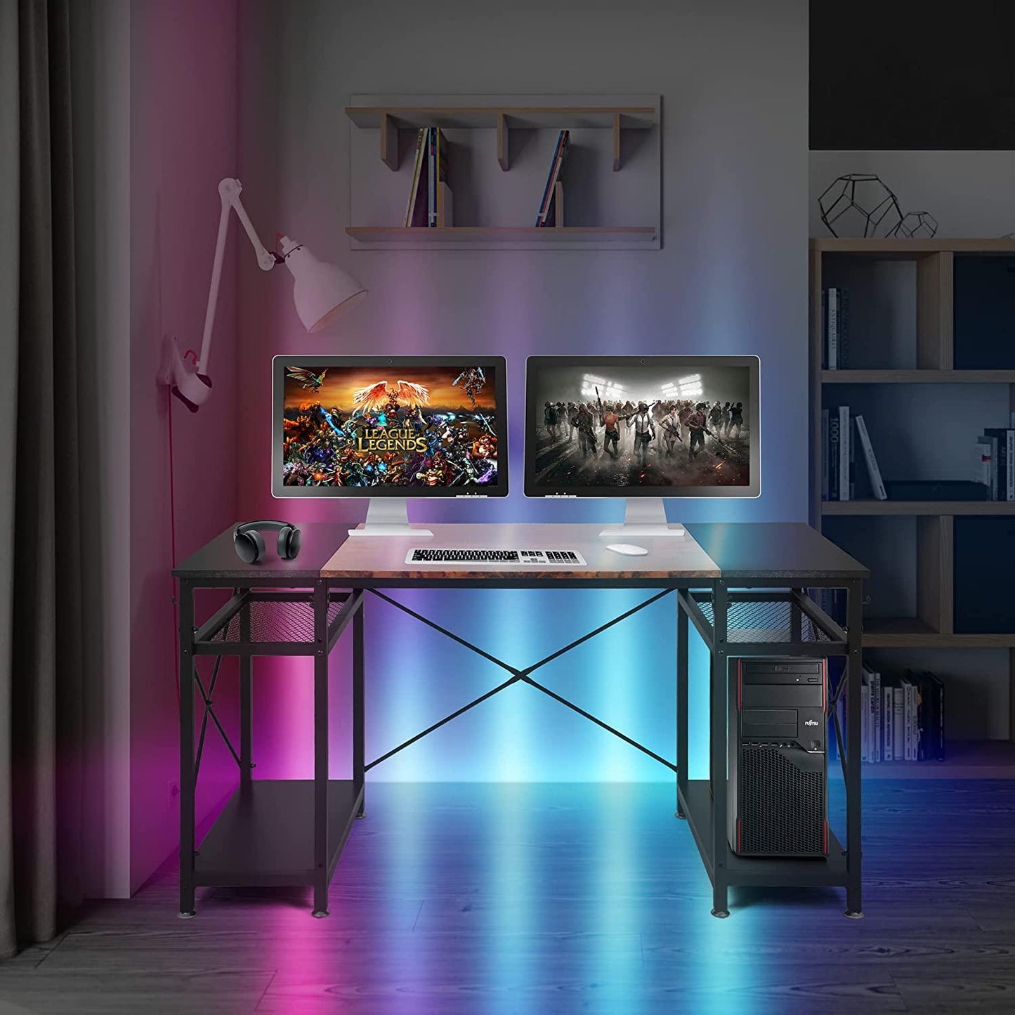 47.2" Computer Desk w/ 4 Storage Shelves & 4 Hooks, Large Desk Study Writing Table, Home Office Desk