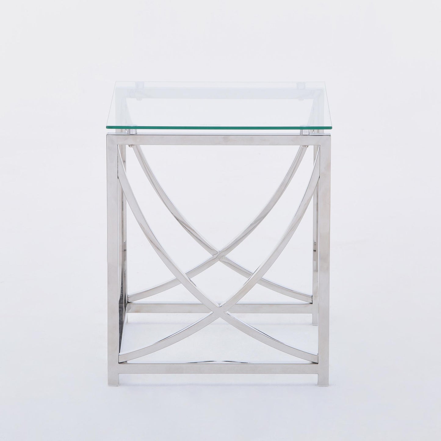 Stainless Steel Cube End Table Silver Glass Table for Living Room