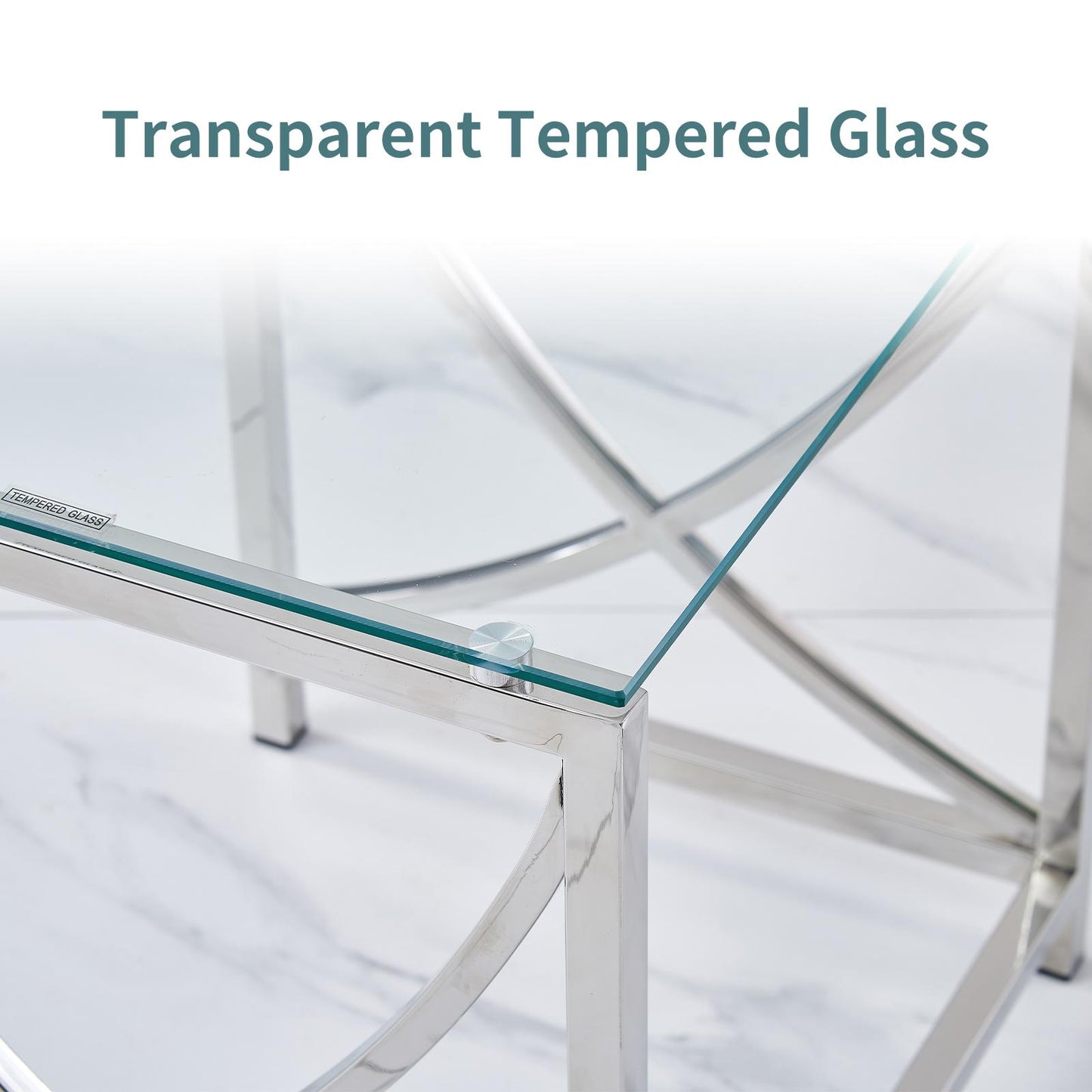 Stainless Steel Cube End Table Silver Glass Table for Living Room