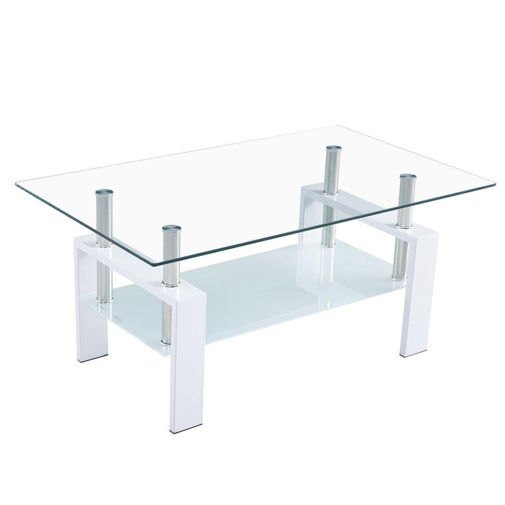 Bulk Order，Rectangular Glass Coffee Table White Modern Side Coffee Table with Metal Legs
